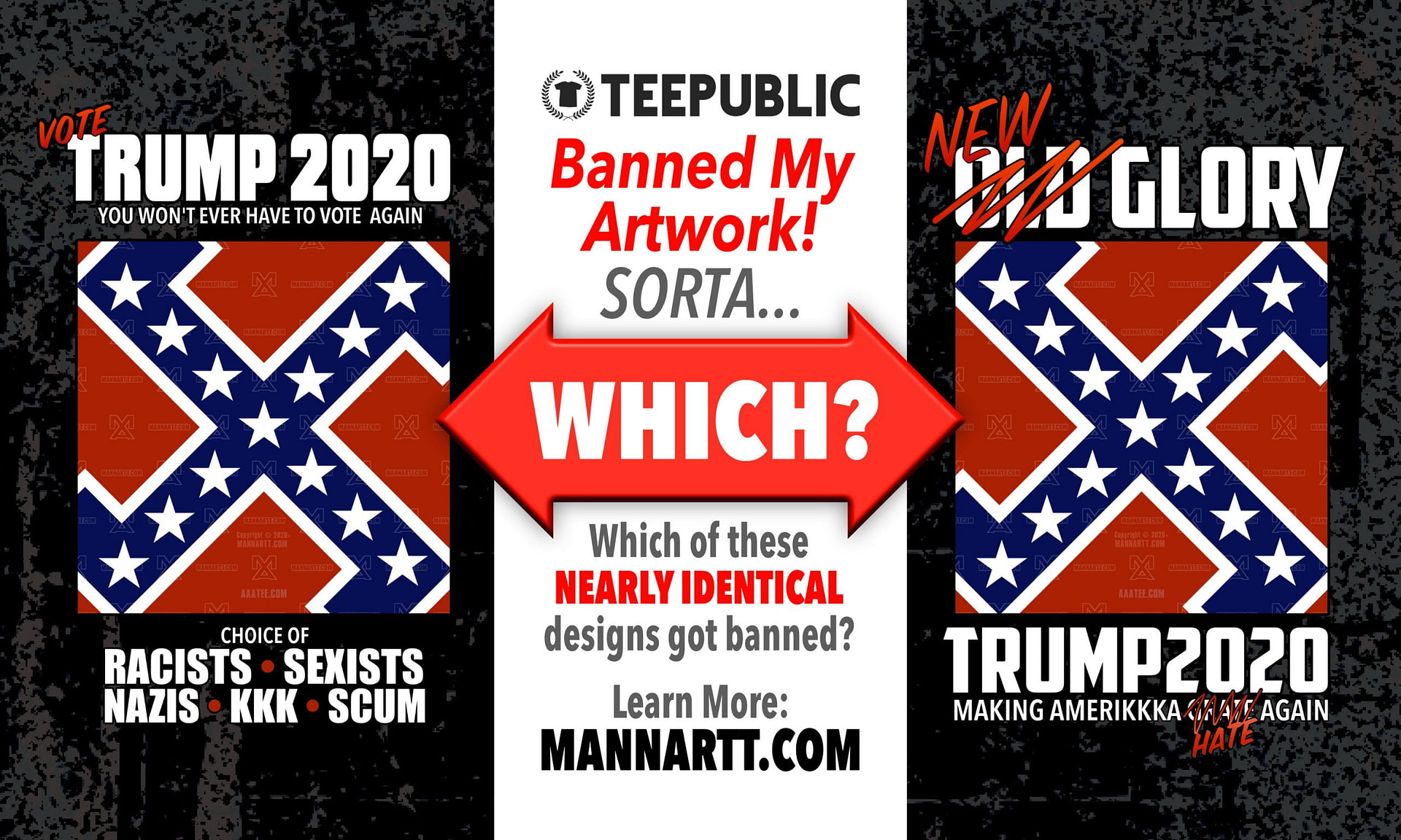 Graphic showing both anti trump tshirt designs and asking the question: which of these two nearly identical pieces got the teepublic art ban?