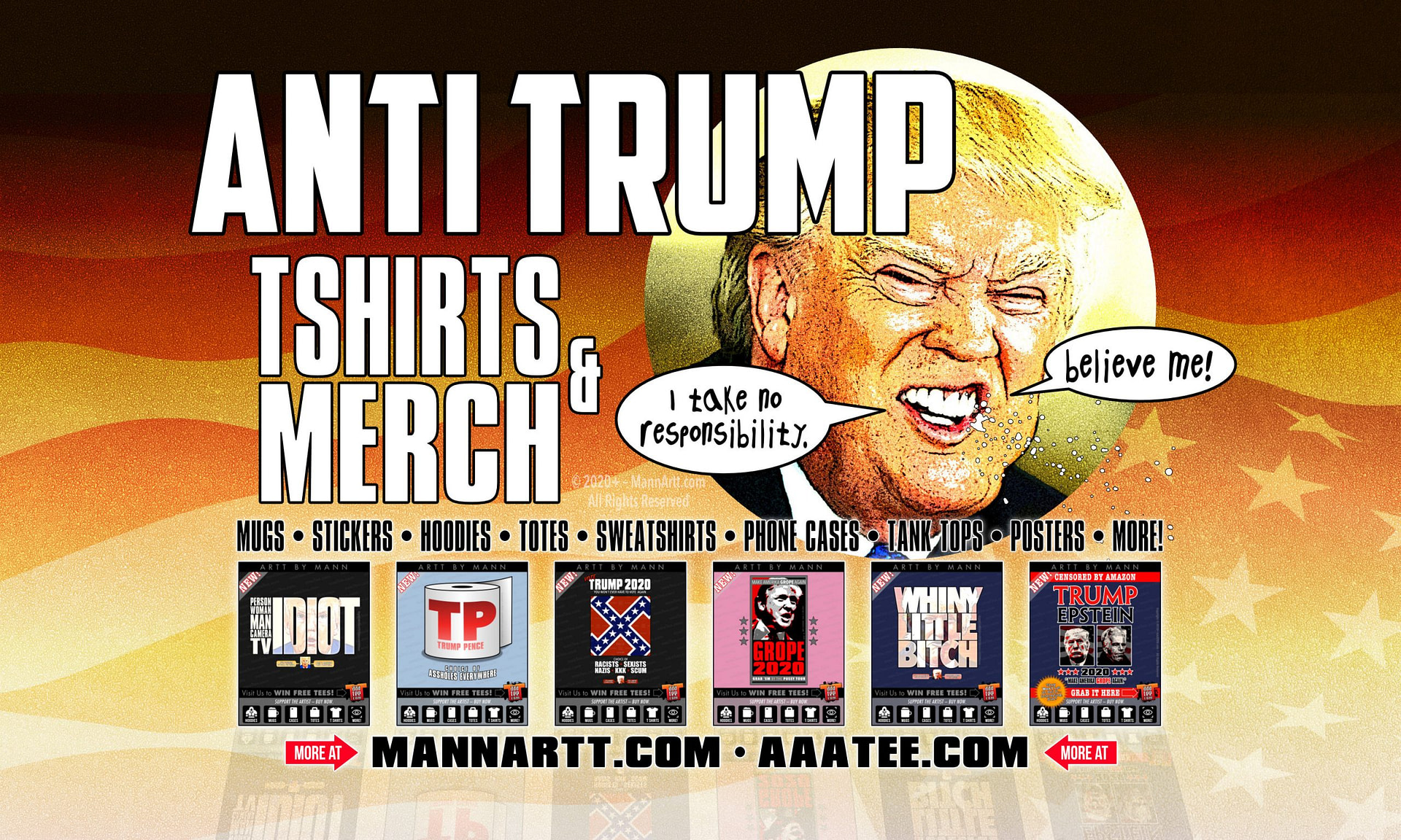 Cartoon Illo Donald Trump on American Flag (in distress) - Six New Anti Trump Tshirts
