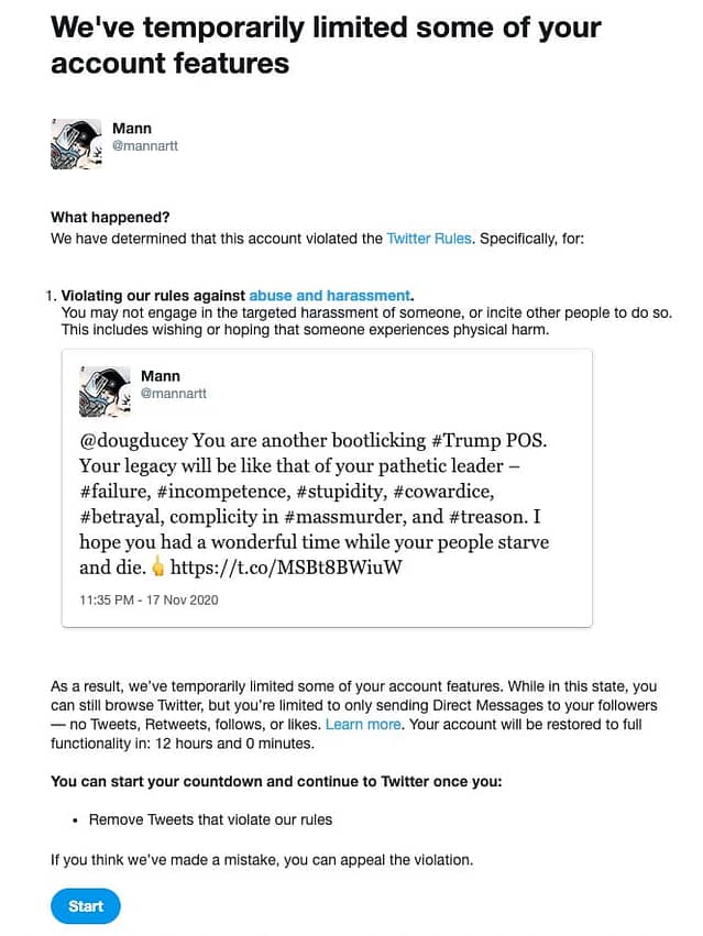 Screenshot of Twitter Censorship Notice.