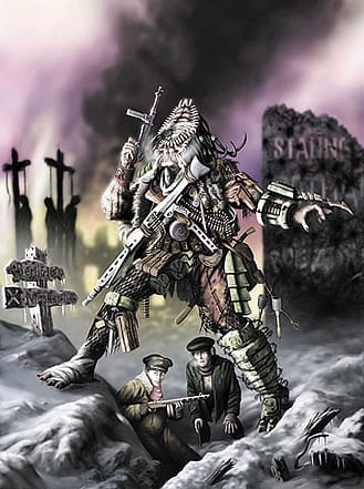 The painting depicts a Predator standing in the ruins of Stalingrad, winter of 42-43, with two humans he appears to have befriended.